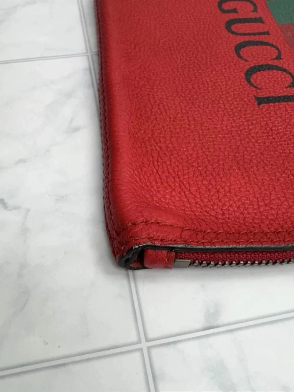 Gucci Red Leather Pouch with Green and Yellow Logo